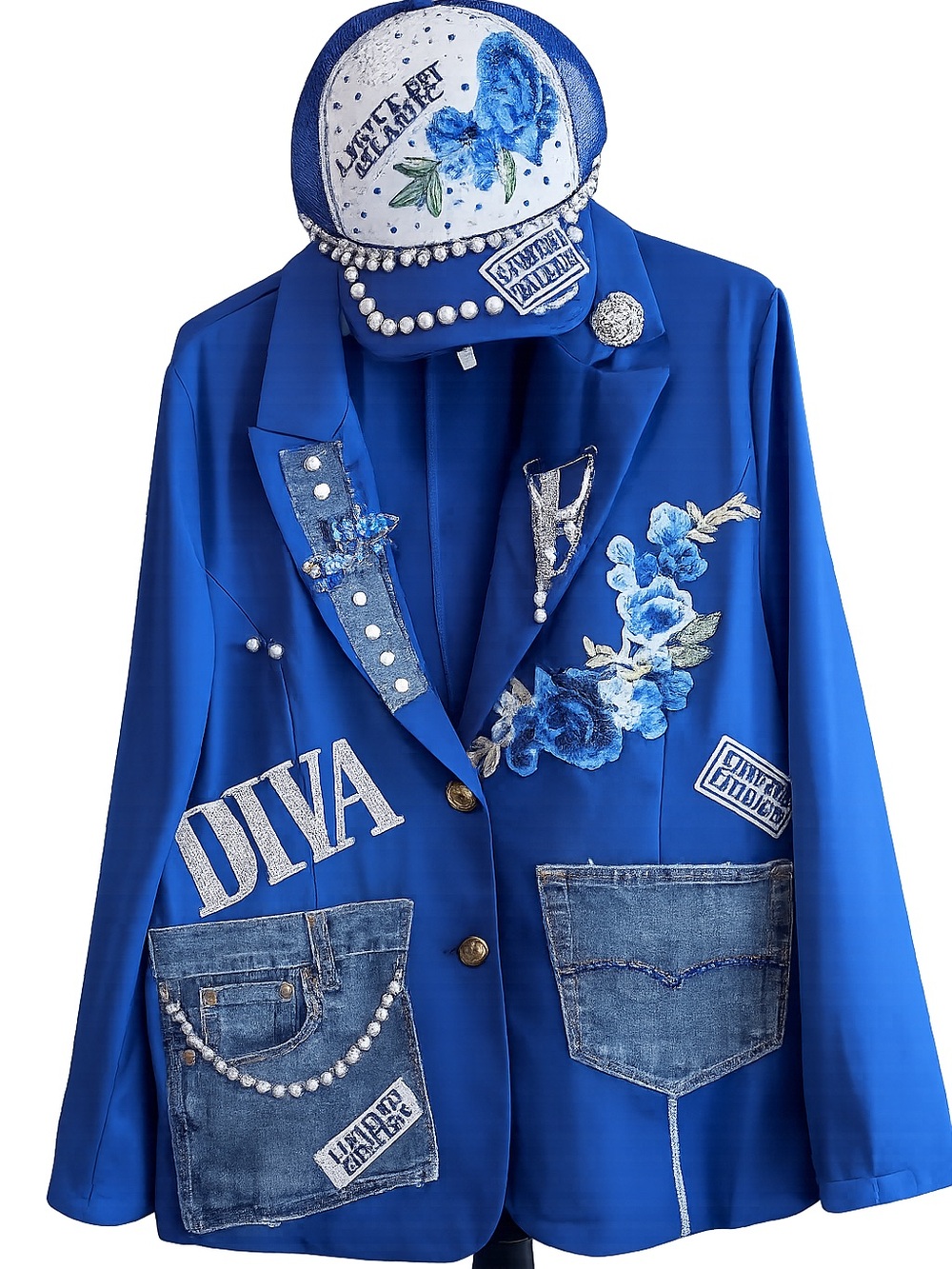 Custom made Blue Embellished 'DIVA' Blazer with Denim Pockets